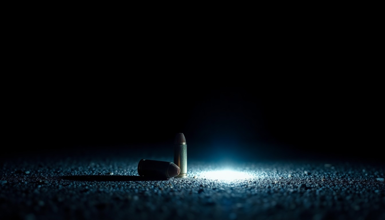 An extreme close-up photograph of a spent shell casing on the pavement, conveying the stark, gritty aftermath of a reported shooting incident.