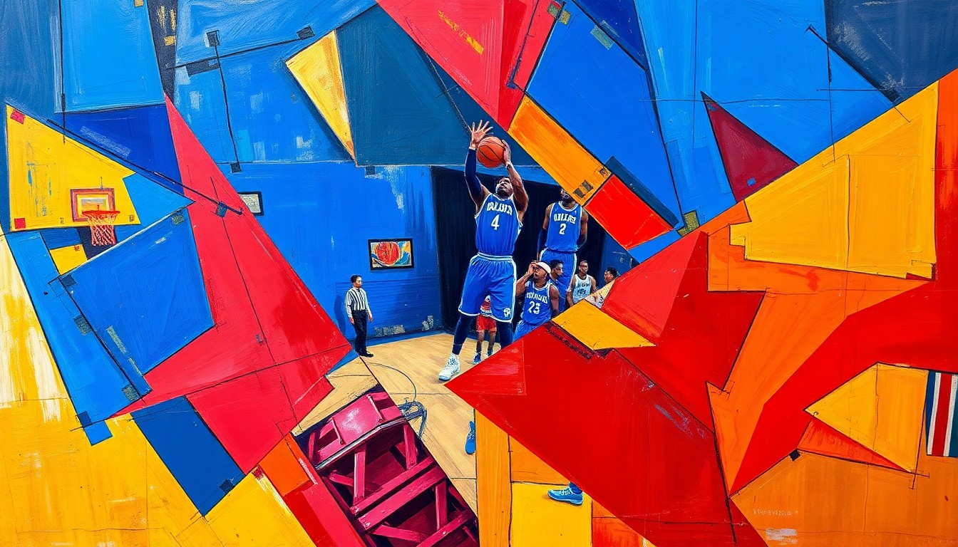 A fragmented, geometric painting depicting the overlapping planes and perspectives of a basketball game, using bold colors to capture the intensity of the coaching decisions facing the Bulls organization.