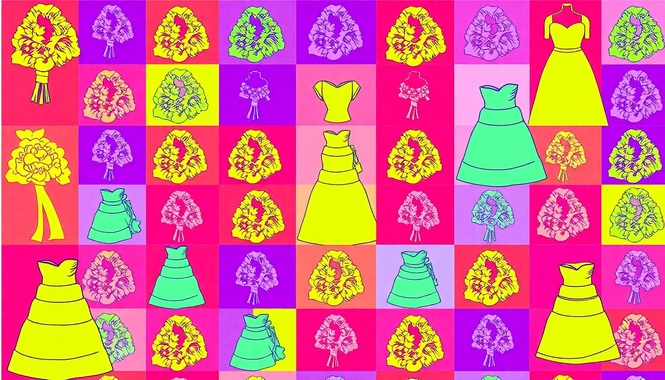 A bold, colorful silkscreen illustration featuring a repeating pattern of a single, iconic wedding item like a bouquet or wedding dress, rendered in a high-contrast, neon-tinged pop art style.