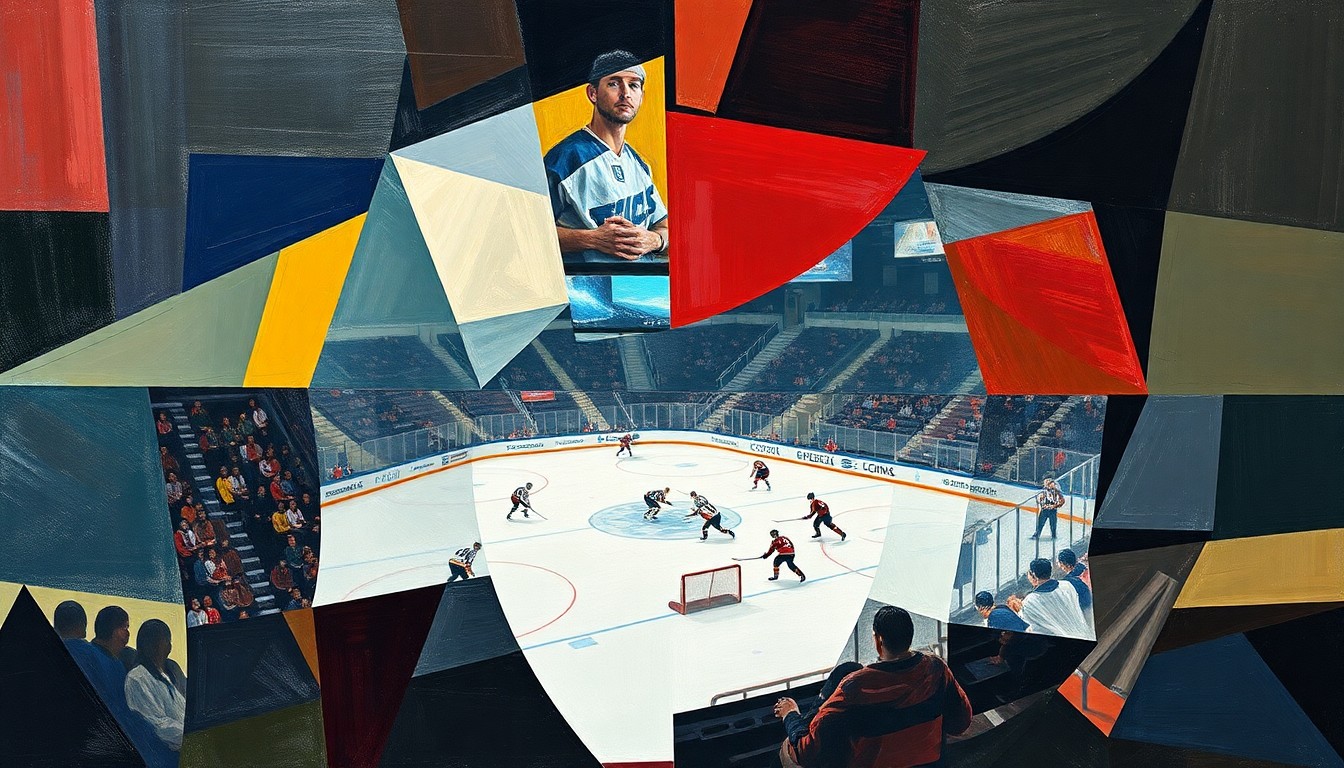 A cubist, geometric painting depicting a hockey game or match, with sharp, overlapping planes of color and shape representing the action on the ice.