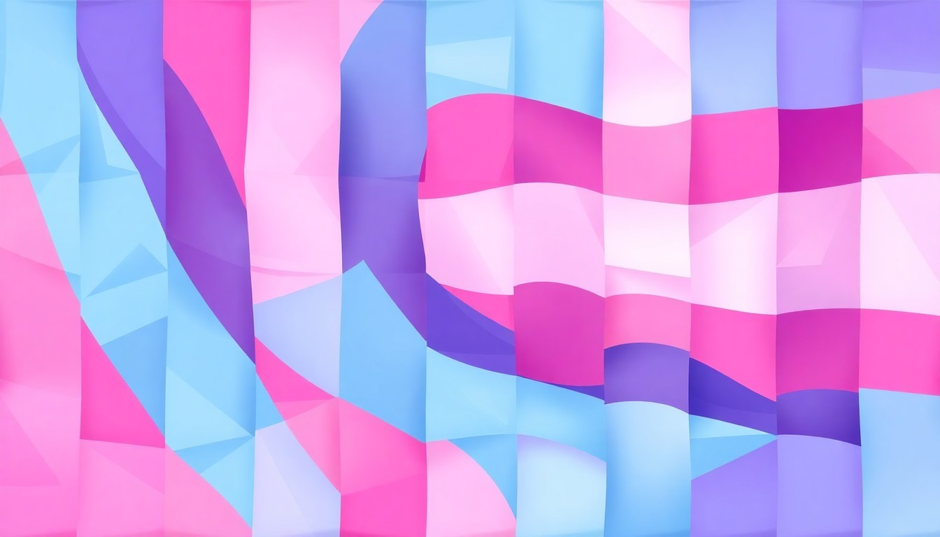 A vibrant, fractured painting of a transgender pride flag in shades of pink, purple, and blue, repeating and overlapping in geometric waves of color to conceptually represent the divisive political debate over transgender issues.
