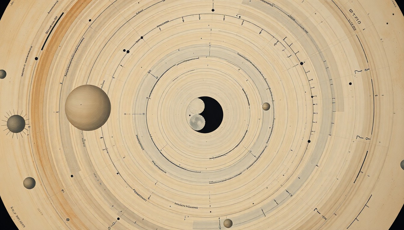 An abstract, geometric painting in soft, flat colors depicting sweeping arcs, concentric circles, and precise botanical spirals, representing the enduring presence of a personal photograph on the lunar surface.