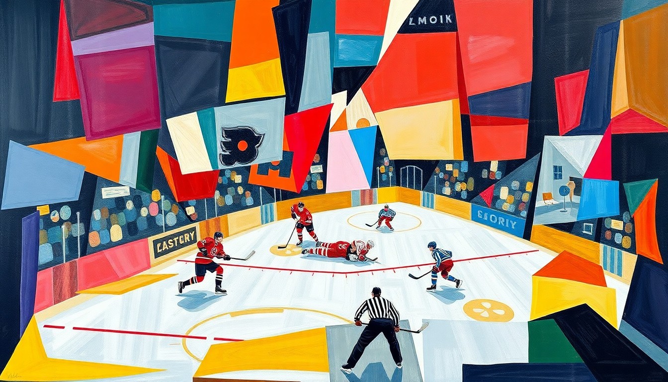 A fragmented, geometric painting in vibrant colors representing a hockey game or match, with sharp, overlapping planes that deconstruct the action on the ice.