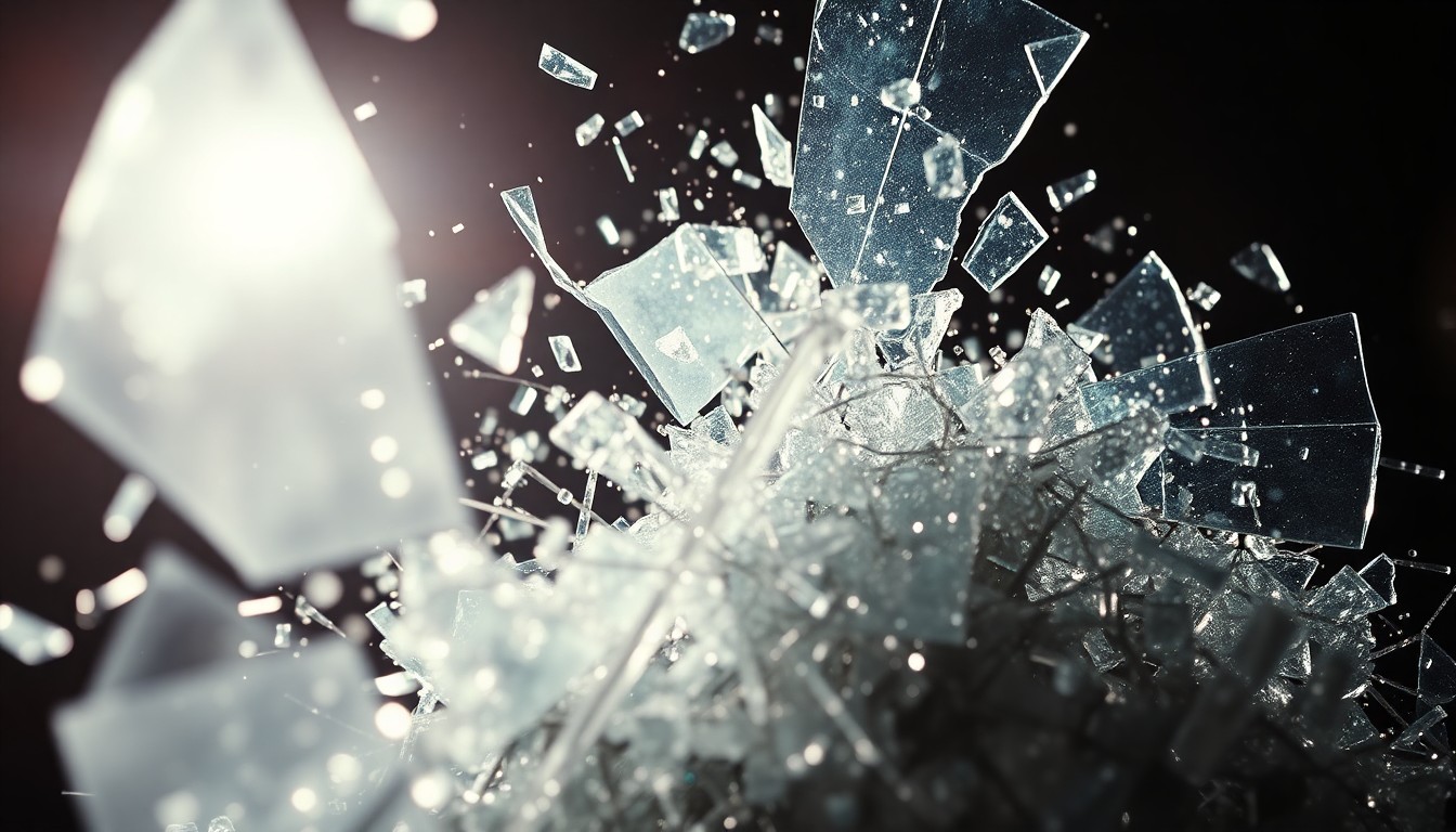 An abstract close-up image of shattered glass and twisted metal, captured in dramatic, high-contrast studio lighting to convey a sense of chaos and disarray on a movie set.