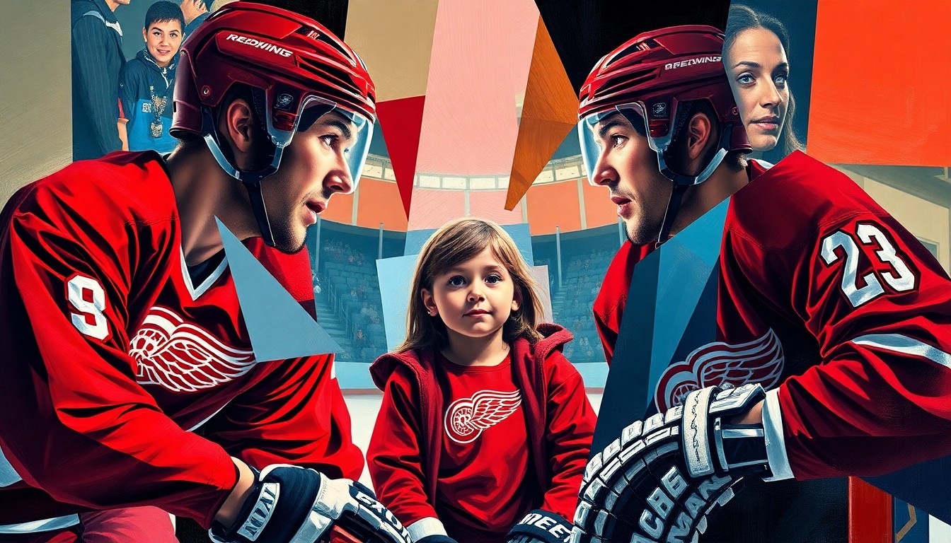 A cubist, geometric painting depicting the hockey players, the young girl, and the penalty box scene broken down into sharp, overlapping planes of vibrant colors, capturing the energy and emotion of the viral moment.