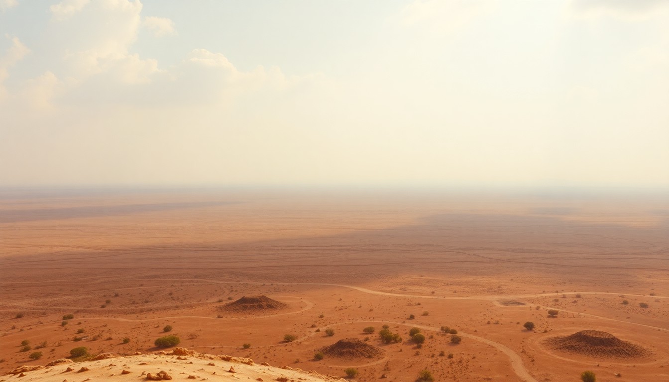 A vast, majestic landscape painting in muted earth tones, depicting the sun-baked, parched terrain of South Florida under a hazy, cloudless sky, conveying the overwhelming, sublime scale of the natural environment during a prolonged dry spell.