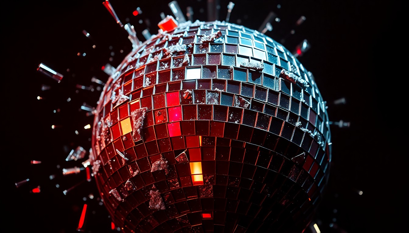 An extreme close-up photograph of a shattered disco ball, its glittering shards reflecting a faint red light, conceptually representing the raw energy and nostalgia of a legendary rock performance.