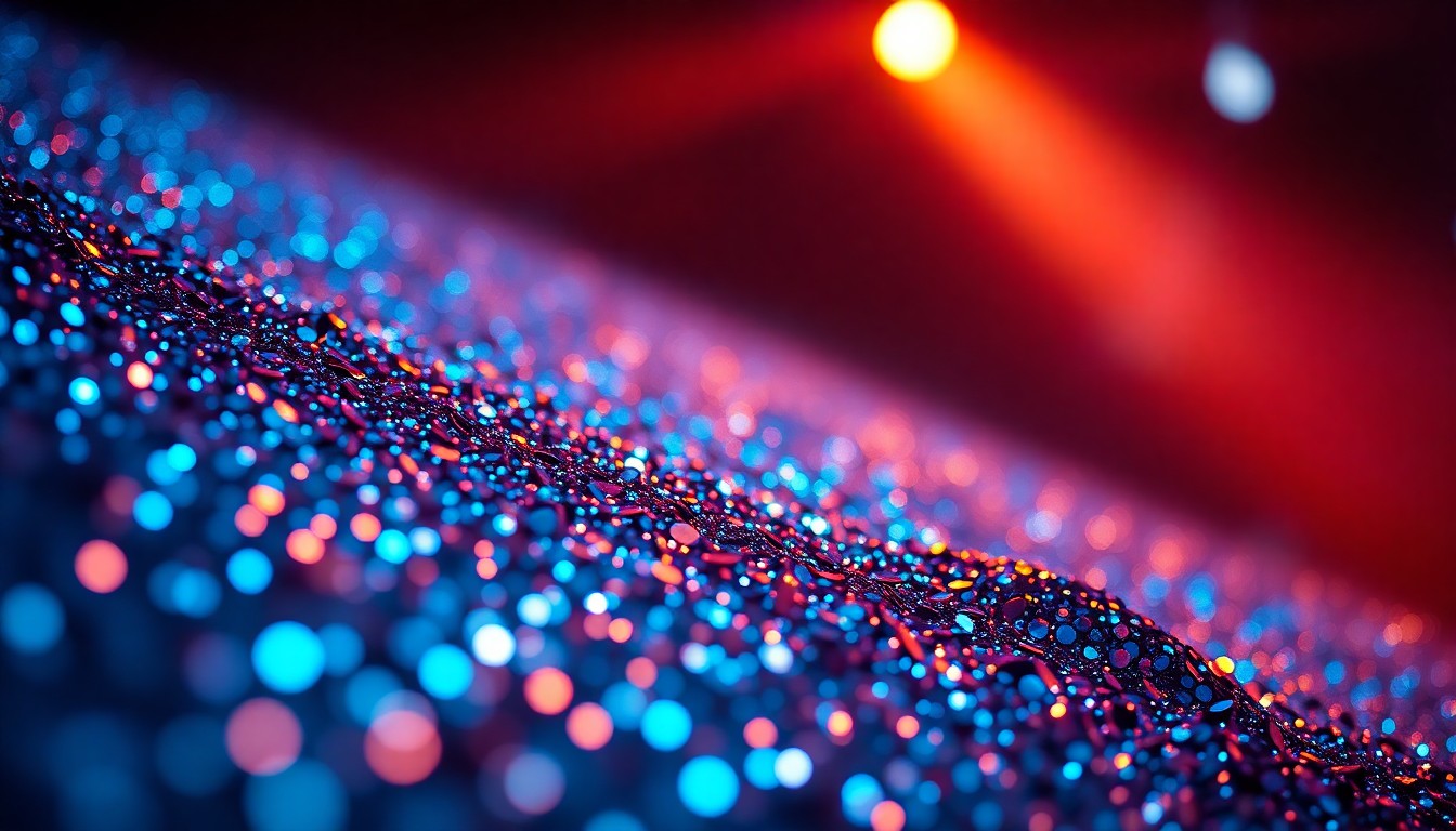 An extreme close-up photograph of shimmering, glittering sequins under dramatic studio lighting, capturing the glamour and energy of a music festival stage.