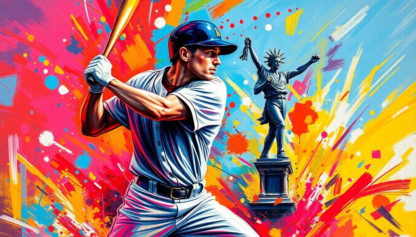 An abstract, expressionist painting in vibrant neon colors, depicting the shattered fragments of a statue dissolving into the background as a baseball player's dynamic form takes center stage, capturing the raw energy and unpredictability of the unveiling incident.