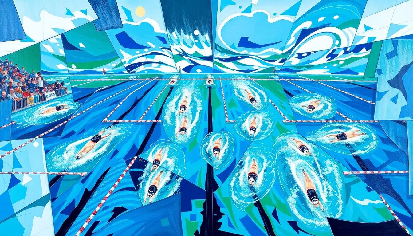 A cubist, geometric painting depicting the fractured, multi-perspective action of a collegiate swimming competition, with vibrant blues, greens, and whites representing the water, swimmers' movements, and energy of the event.