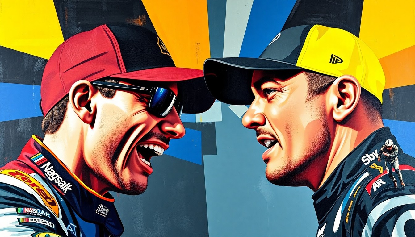 A cubist-style painting depicting the confrontation between two NASCAR drivers in an abstract, geometric style, with sharp planes of color and overlapping shapes representing the heated exchange.