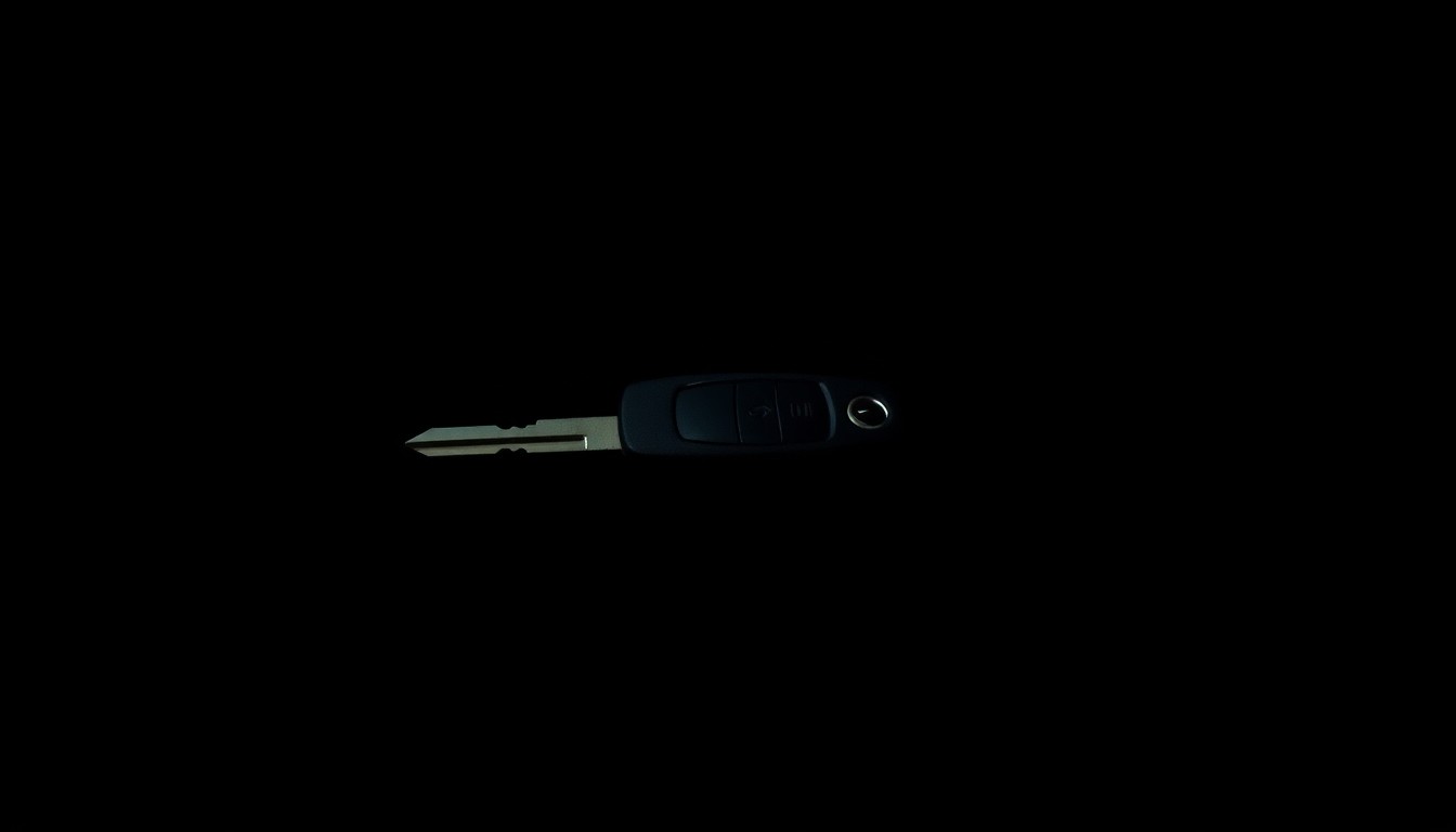 An extreme close-up photograph of a single car key against a pitch-black background, lit by a harsh, direct camera flash, conceptually representing the physical evidence in this property crime case.