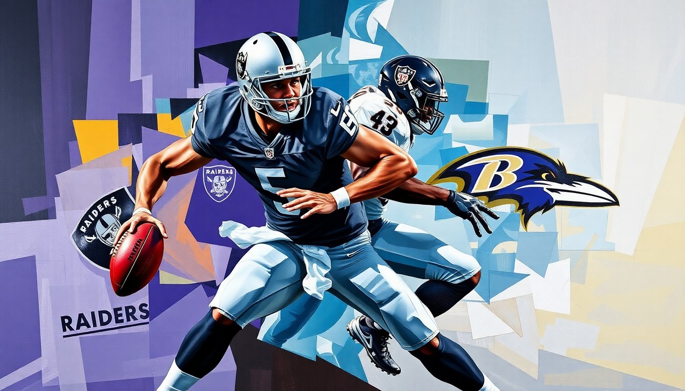 A cubist-style painting depicting a football player in the midst of a pass rush, their body and movements broken down into sharp, overlapping geometric shapes in the team colors of the Raiders and Ravens.