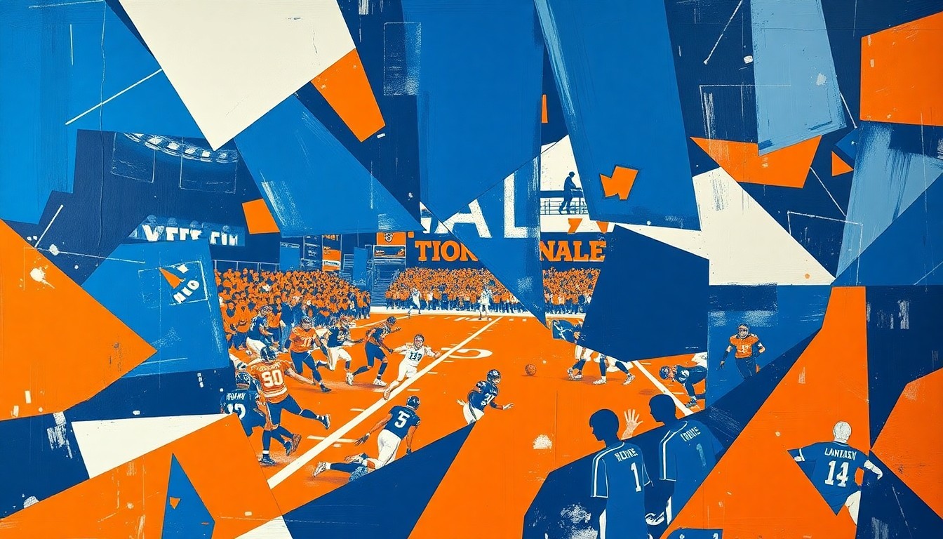 A cubist, geometric painting depicting fragmented football players and draft night scenes, conveying the complex interplay of teams' draft strategies.