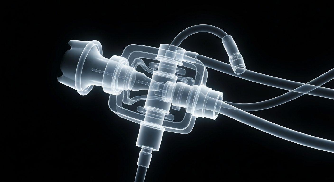 A highly detailed, translucent X-ray image showing the intricate internal structure of a medical port and tubing, glowing against a dark background and conceptually representing the complex medical needs of a cancer patient whose insurance coverage is limited.