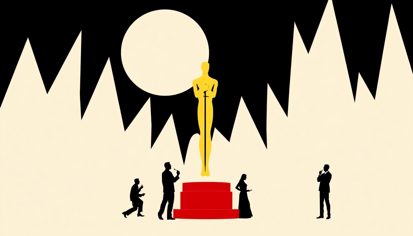 A minimalist, abstract composition of jagged, geometric shapes in bold red and white, conceptually representing the Oscars ceremony and its transition to a new era.