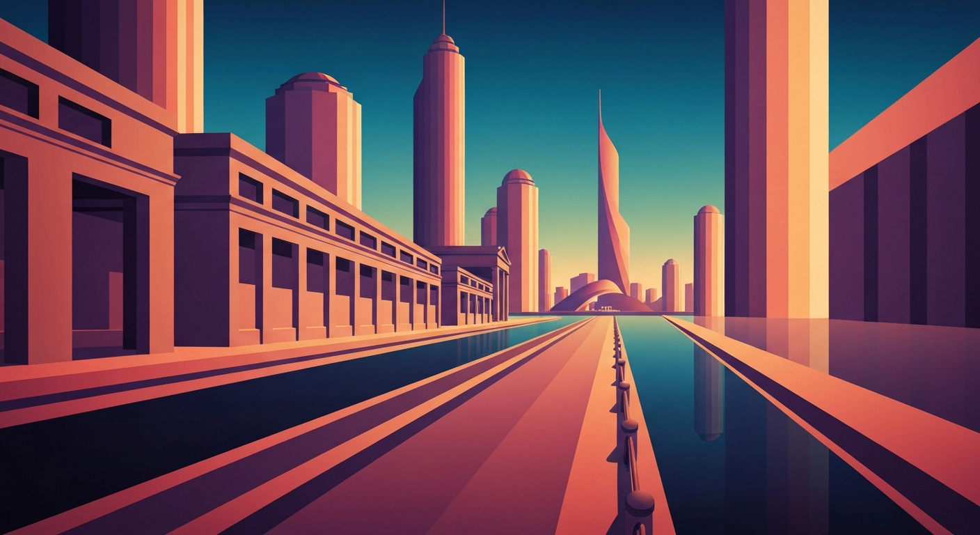 A highly stylized, geometric illustration depicting the grand scale and sweeping perspectives of a bustling cruise ship harbor, capturing the energy and excitement of Victoria's record-breaking 2026 cruise season.