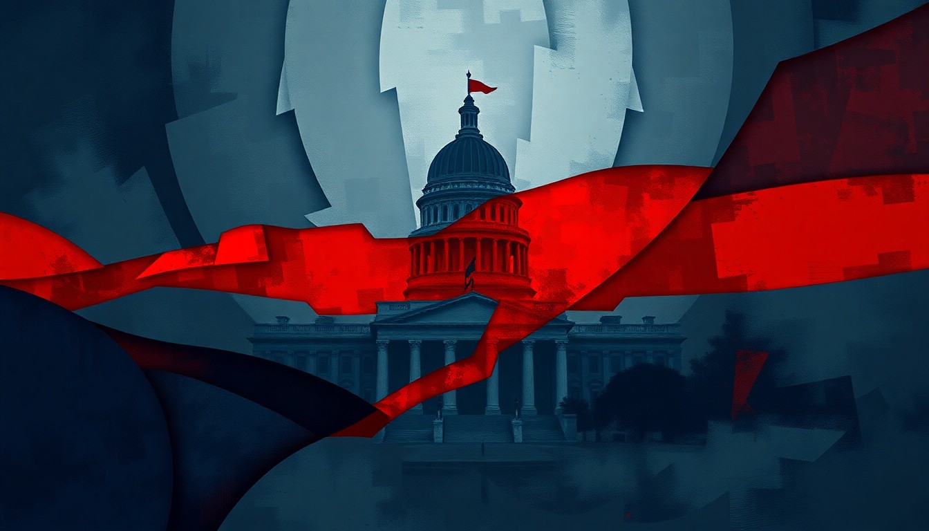 A highly abstract, fragmented painting featuring overlapping geometric shapes and brushstrokes in shades of blue, red, and grey, conceptually representing the complex and divisive nature of the political investigation into Minneapolis daycares.