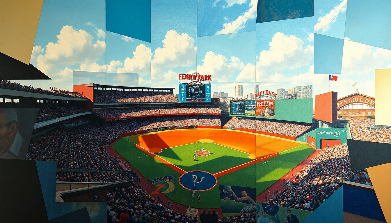 A cubist, geometric painting depicting the fractured, overlapping perspectives of a 1950s baseball game at Fenway Park, capturing the energy and community spirit of the era.