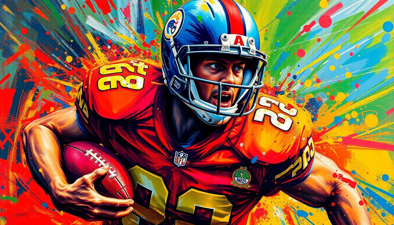 An abstract, expressionist painting using vibrant brushstrokes and neon colors to capture the raw energy and intensity of an American football player in motion, with their face and uniform dissolving into unrecognizable splatters of paint.