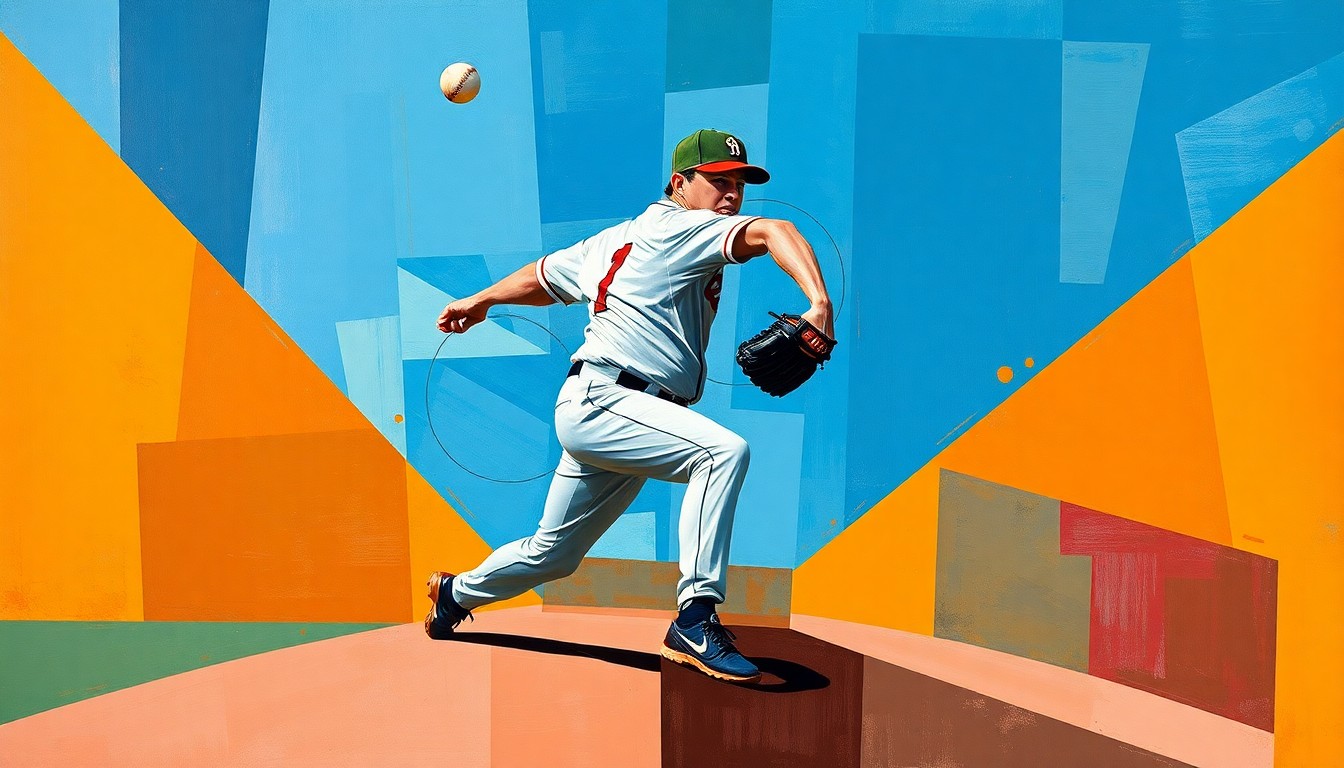 A cubist-style painting depicting a baseball pitcher's delivery, with the figure broken down into sharp, overlapping geometric shapes in shades of blue, green, and orange, conveying the dynamic motion and energy of the sport.