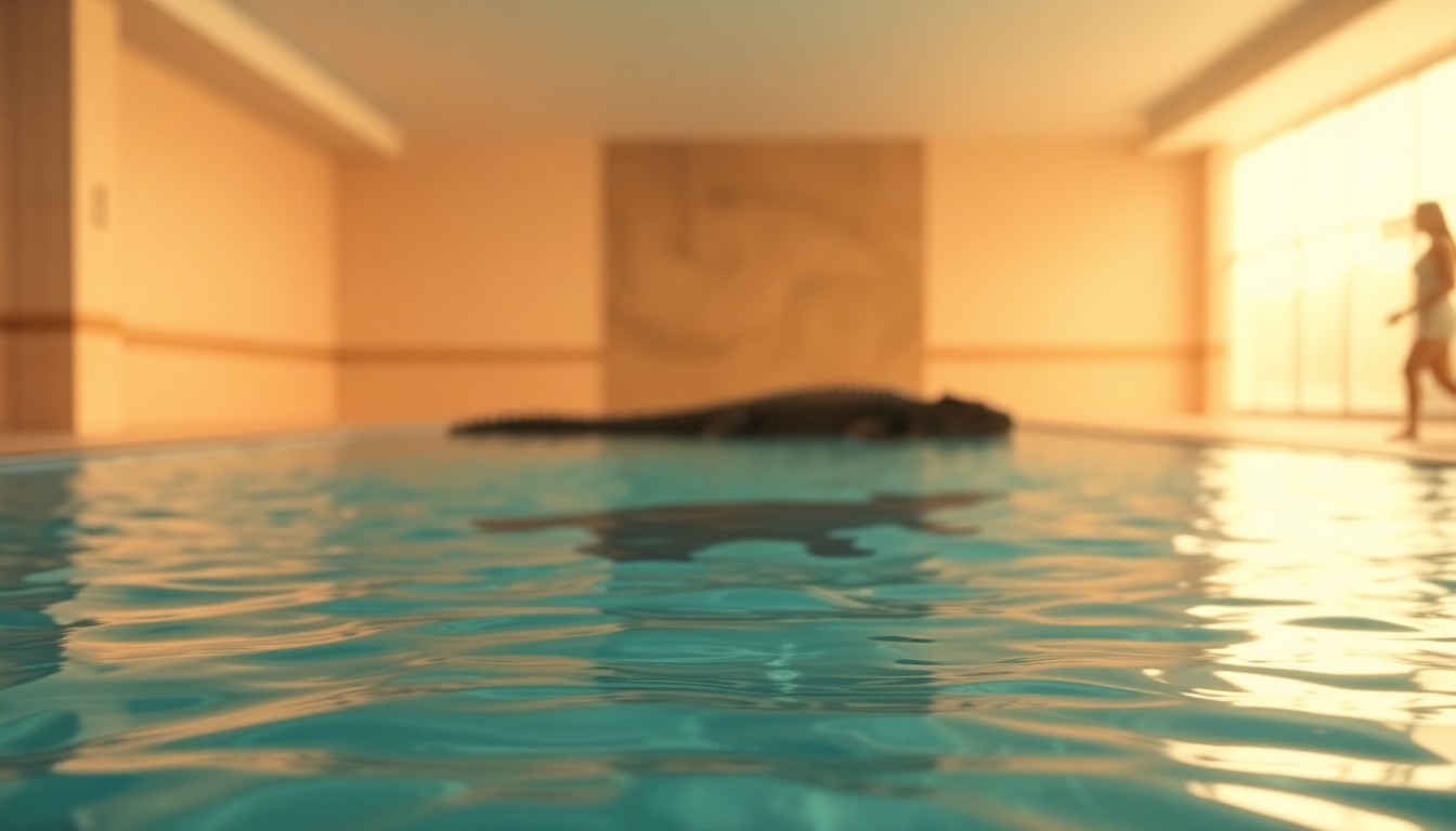 An extremely abstracted, out-of-focus photograph in soft pools of warm color and light, depicting the blurred outline of a large reptile in an indoor swimming pool, conveying the melancholy and loss felt by the owner after the animal's removal.