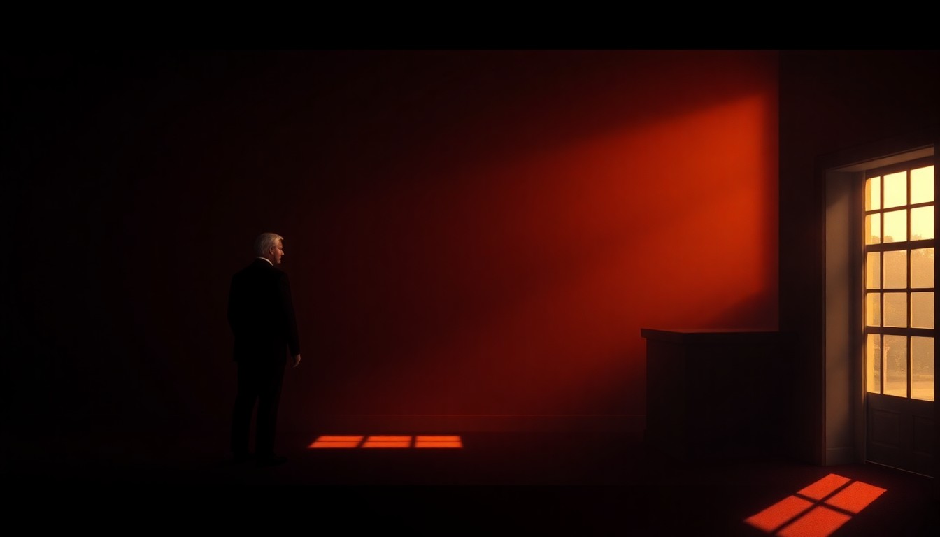 A dimly lit, cinematic painting depicting a solitary political figure or setting, with warm, diagonal sunlight and deep shadows creating a contemplative, nostalgic mood.