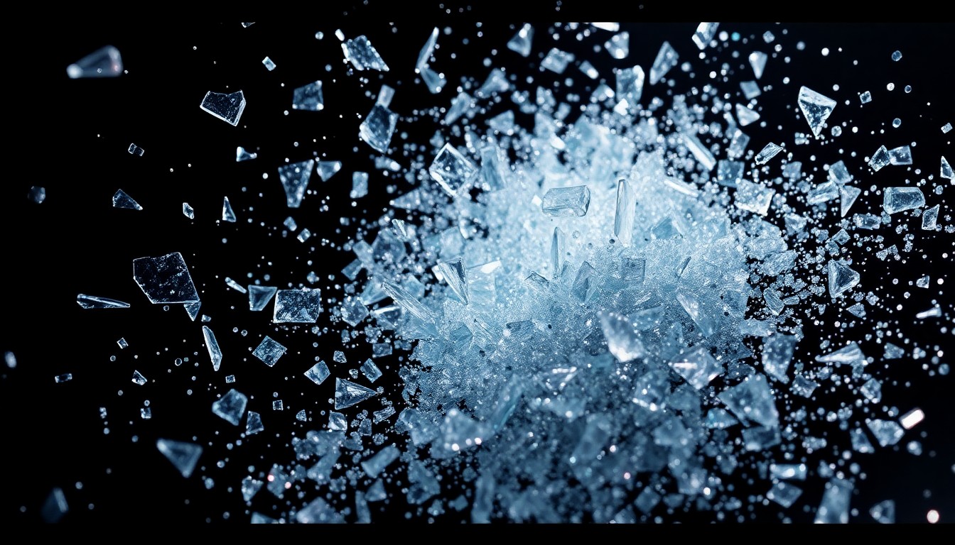 An extreme close-up photograph of shattered glass and glittering sequins, capturing the glamour and chaos of the theater world in a high-contrast, abstract composition.