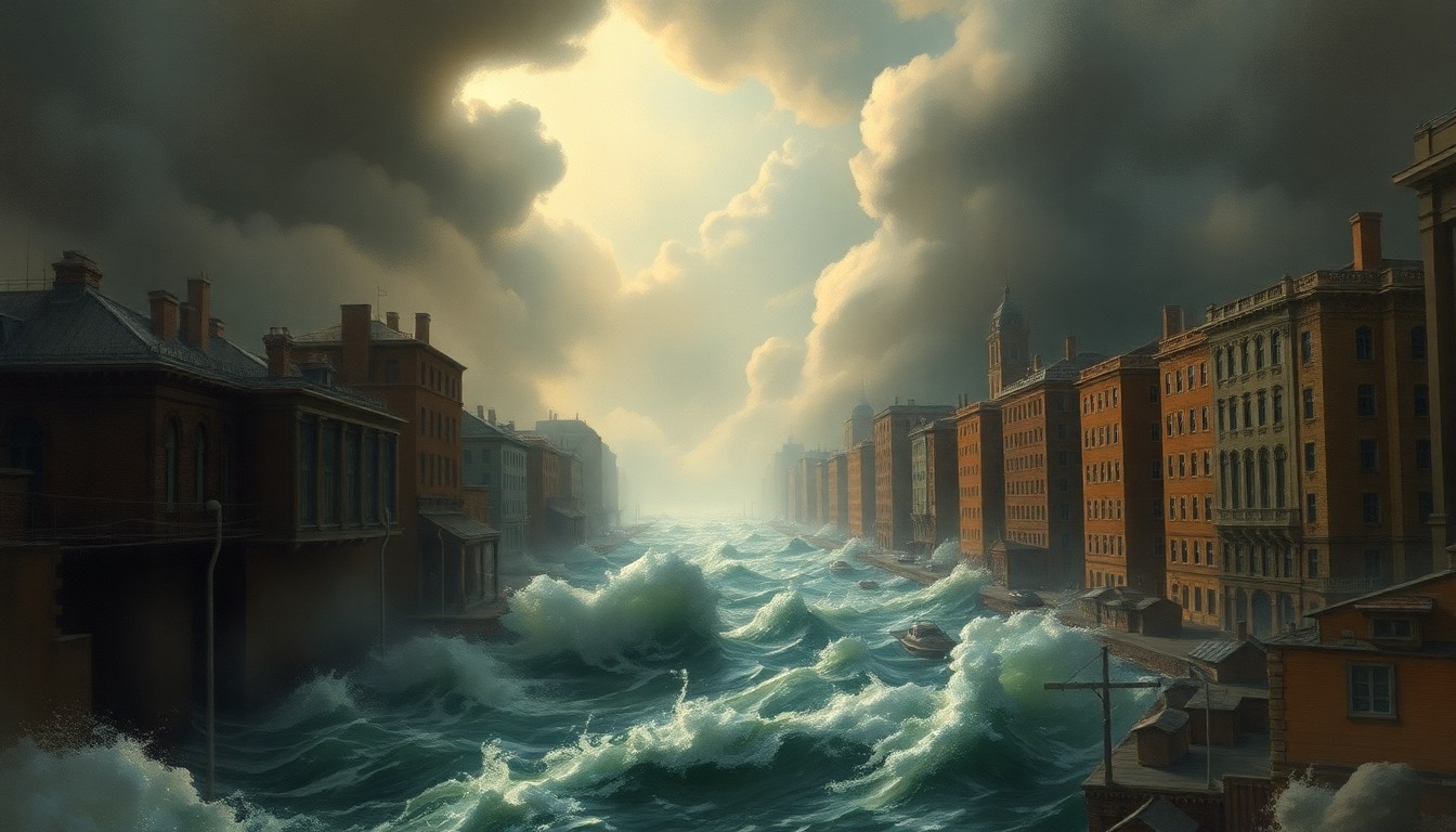 A sweeping, atmospheric landscape painting depicting a flooded urban street, with the rushing water dwarfed by the surrounding buildings and infrastructure. The scene conveys a sense of the overwhelming scale and power of the natural forces at play.