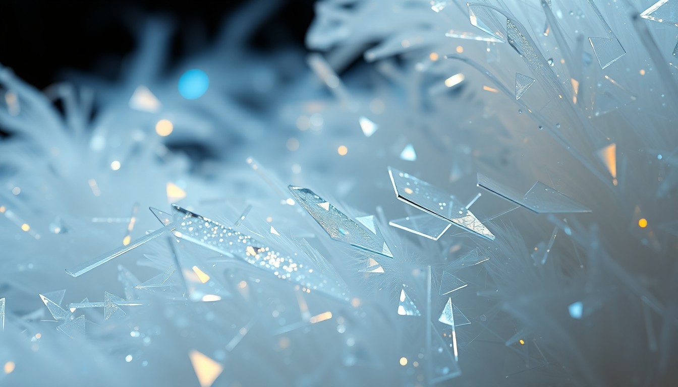 An extreme close-up of shimmering, iridescent feathers and shattered glass, conceptually representing the fantastical elements of the Harry Potter wizarding world.