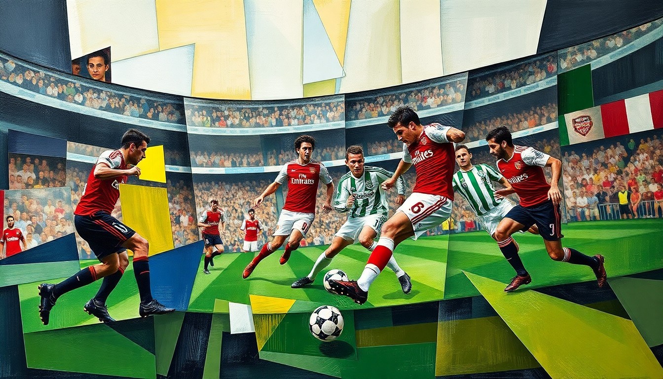 A cubist-style painting depicting the intensity and movement of a Champions League football match between Arsenal FC and Sporting CP, with sharp, overlapping geometric planes capturing the players and the action on the field.