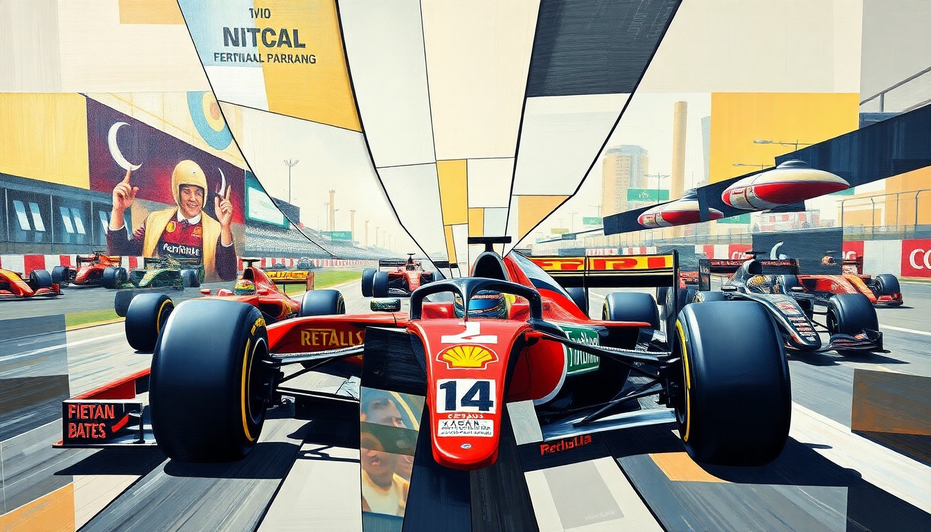 A cubist, geometric painting depicting a fragmented Formula 1 race scene, with sharp, overlapping planes of color and shape representing the disruption caused by the geopolitical tensions leading to the race cancellations.