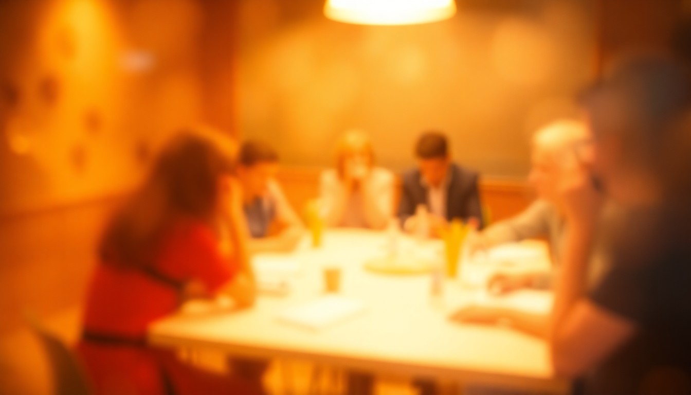 An abstract, impressionistic scene of a community meeting, with blurred figures gathered around a table and soft, warm pools of light and color filling the frame, conveying a contemplative mood around discussions of water issues.