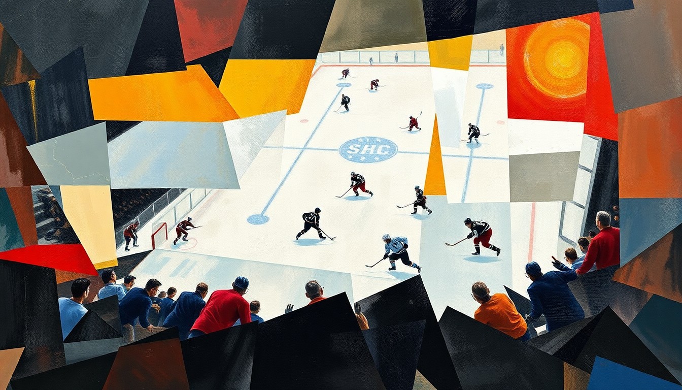 A cubist, geometric painting depicting a hockey game in motion, with players and the puck fragmented into sharp, overlapping shapes and planes, conveying the complex dynamics of contract negotiations and the team's strategic direction.