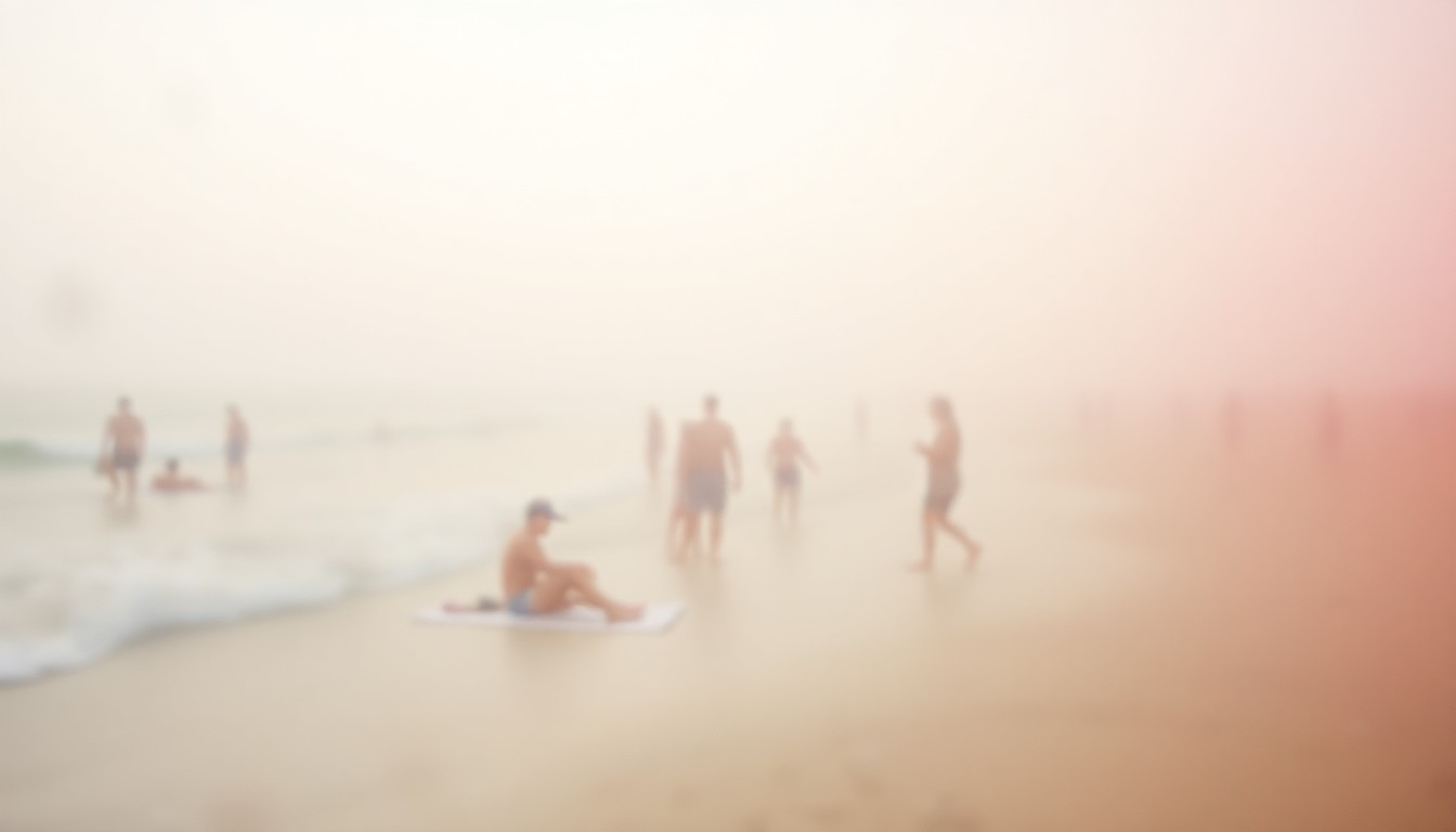 An impressionistic, out-of-focus photograph showing the silhouettes of people swimming and playing in the ocean, with the sun's rays filtering through the water in a warm, hazy glow.