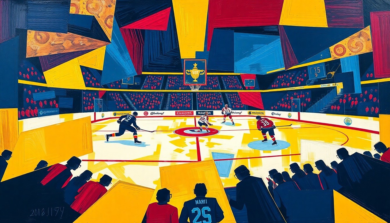 A fragmented, geometric painting in bold blues, golds, and reds depicting the action and intensity of a championship college hockey game.