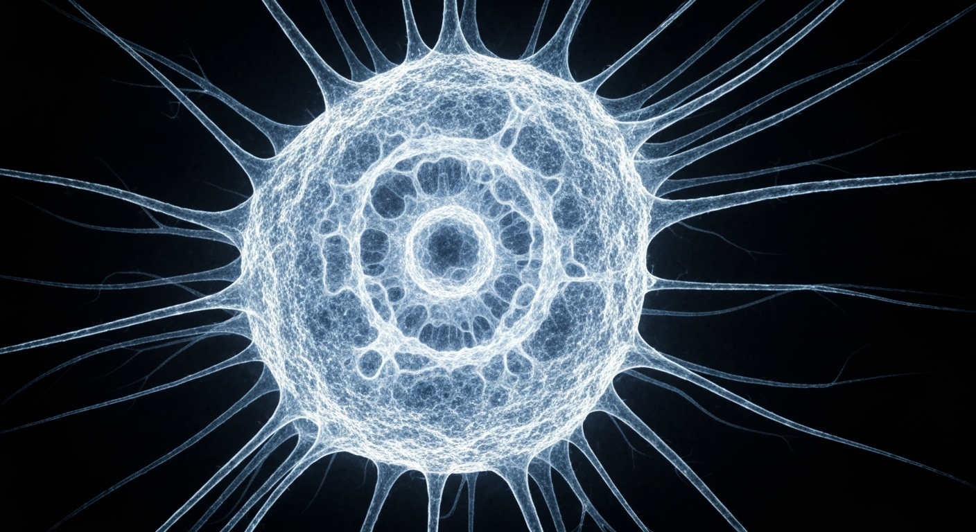An abstract, translucent X-ray image revealing the delicate, intricate structure of a human nerve cell, conveying the scientific complexity and potential breakthrough of the 'superopioid' discovery.