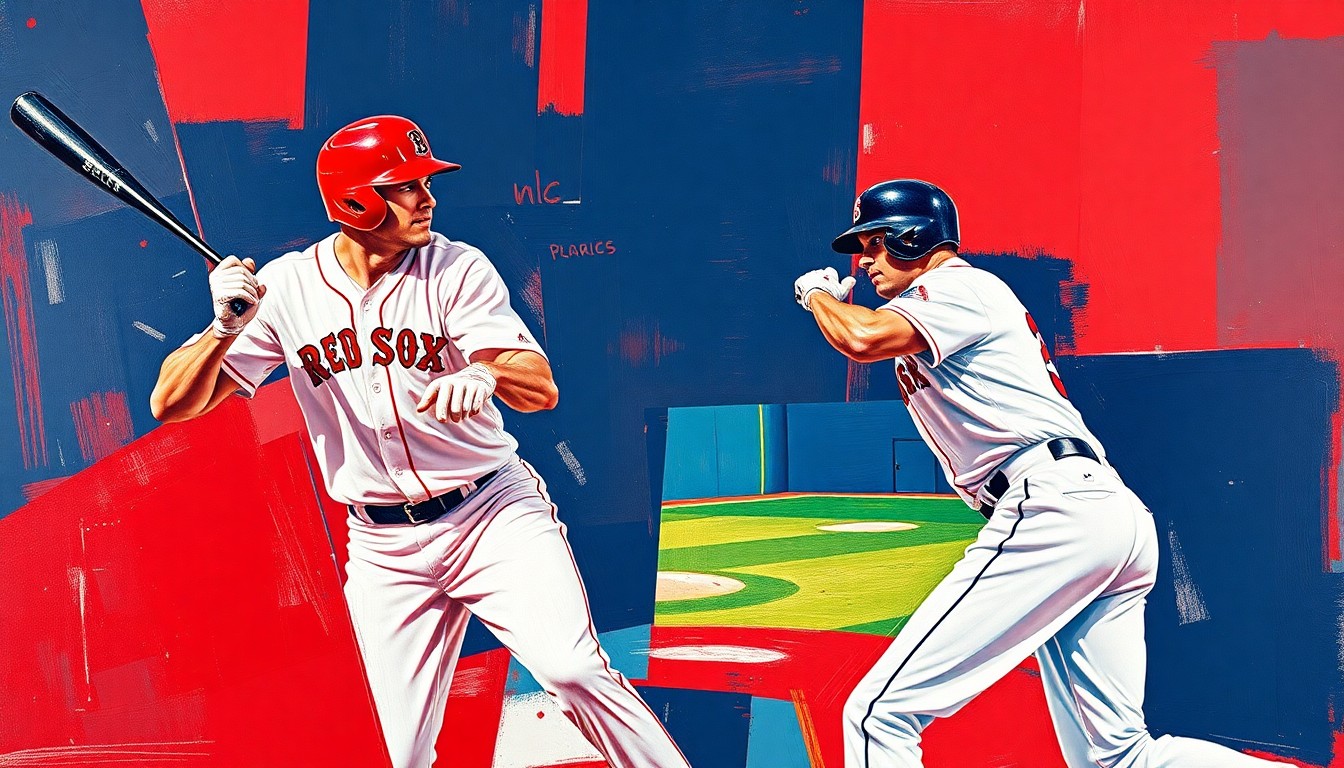 A cubist-style painting depicting a baseball player in various stages of batting and fielding, with sharp, overlapping geometric shapes in the Red Sox's team colors of crimson red, navy blue, and white, conceptually representing the team's efforts to maximize Campbell's versatility.