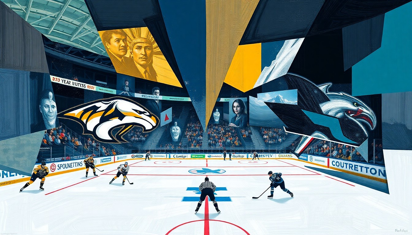 A cubist-style painting depicting a hockey game, with the players and ice rink broken down into sharp, overlapping geometric shapes and planes, conveying the tactical complexity and shifting momentum of the match.