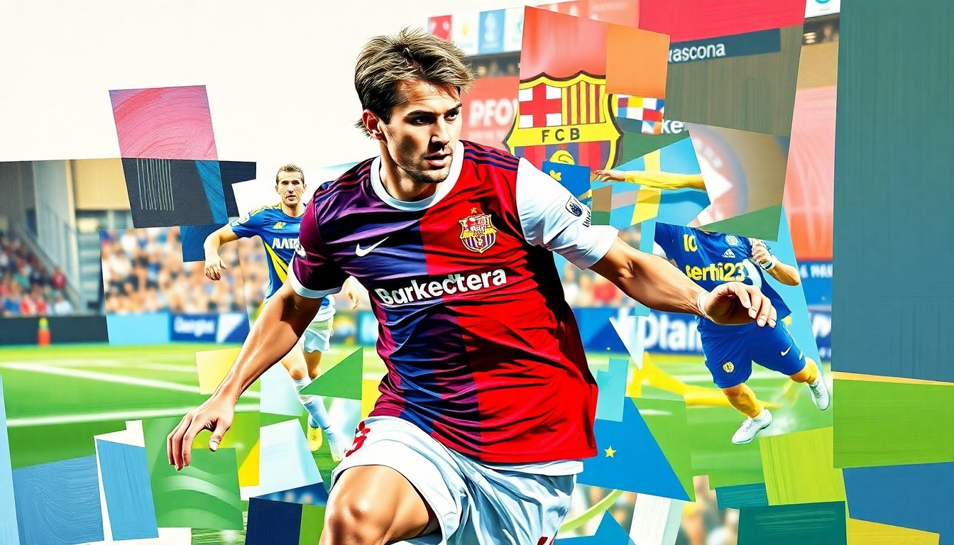 A fractured, geometric painting depicting a soccer player in action, with sharp overlapping planes in the team colors of Hoffenheim and Barcelona, conceptually representing the player's ability to compartmentalize transfer speculation.