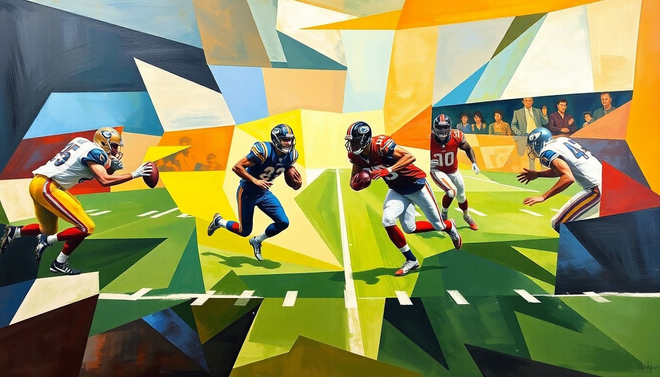 A fragmented, geometric painting depicting the motion and energy of a football running play, with the players' forms broken down into abstract shapes and planes of color.