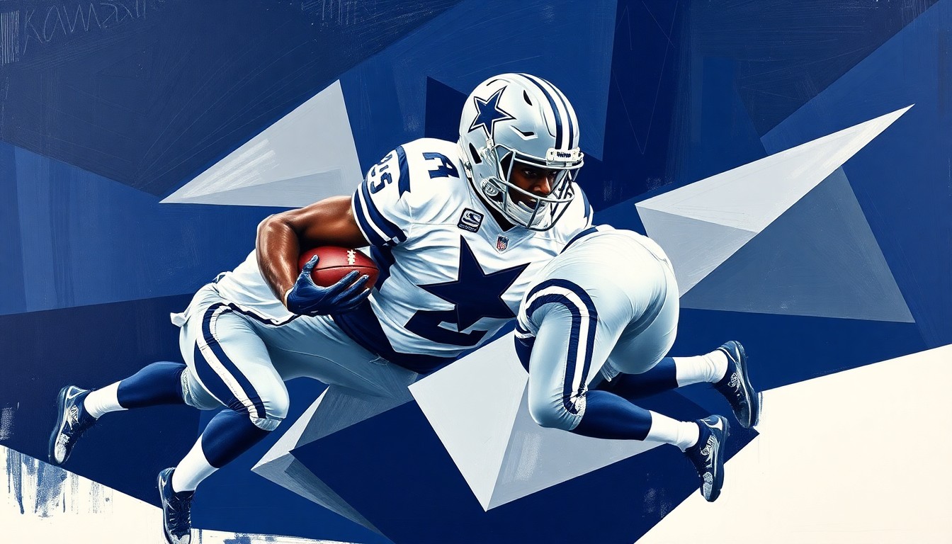 A cubist-style painting depicting a Dallas Cowboys defensive play, with the players and field broken down into sharp, overlapping geometric shapes in navy blue, silver, and white. The fragmented, multi-perspective composition captures the dynamic nature of the sport.
