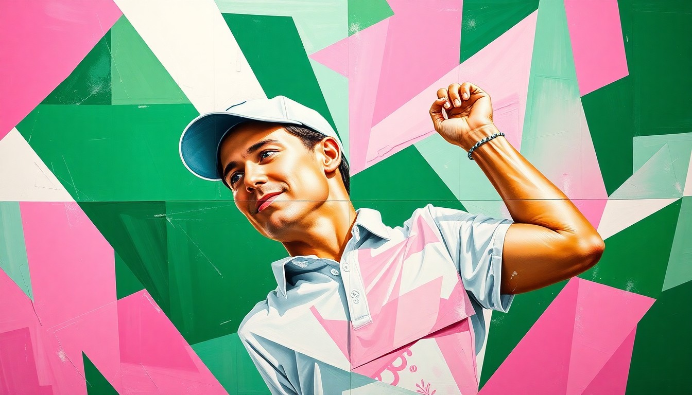 A cubist, geometric painting depicting the various elements of Rory McIlroy's dominant Masters performance, with overlapping planes of color and shape representing the golf course, crowds, and McIlroy's powerful swing.