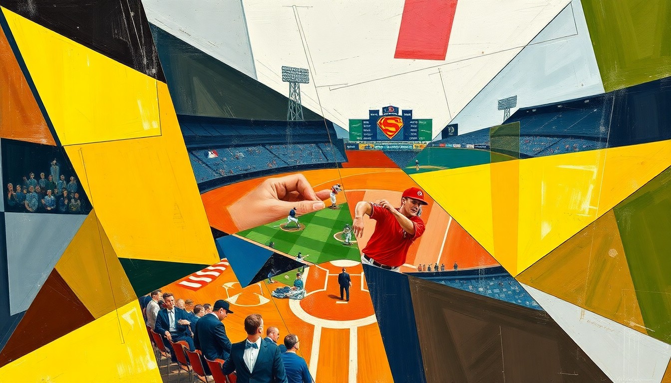 A cubist-style painting featuring overlapping geometric shapes and planes in shades of red, blue, and green, conceptually representing the complex roster management strategies of a baseball team.