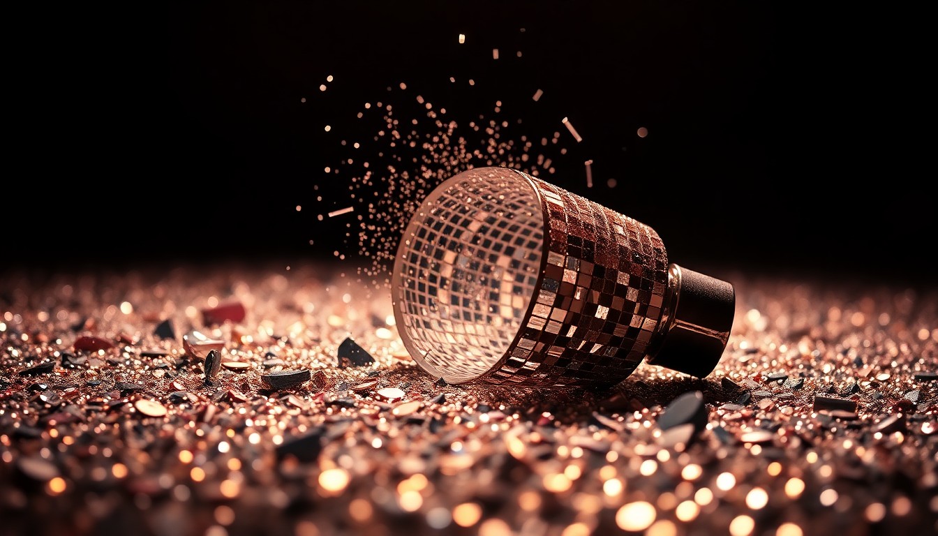 An abstract close-up image of shimmering, high-contrast textures like sequins and broken glass, conveying the glamour and energy of a theatrical production.