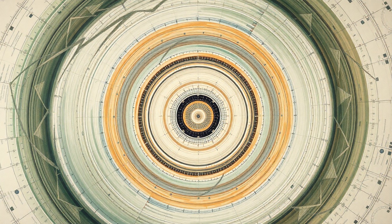 A highly structured abstract painting in soft, earthy tones of green, blue, and brown, featuring sweeping geometric arcs, concentric circles, and precise spirals, conceptually representing the complex scientific forces and concepts behind Helion's fusion reactor breakthrough.