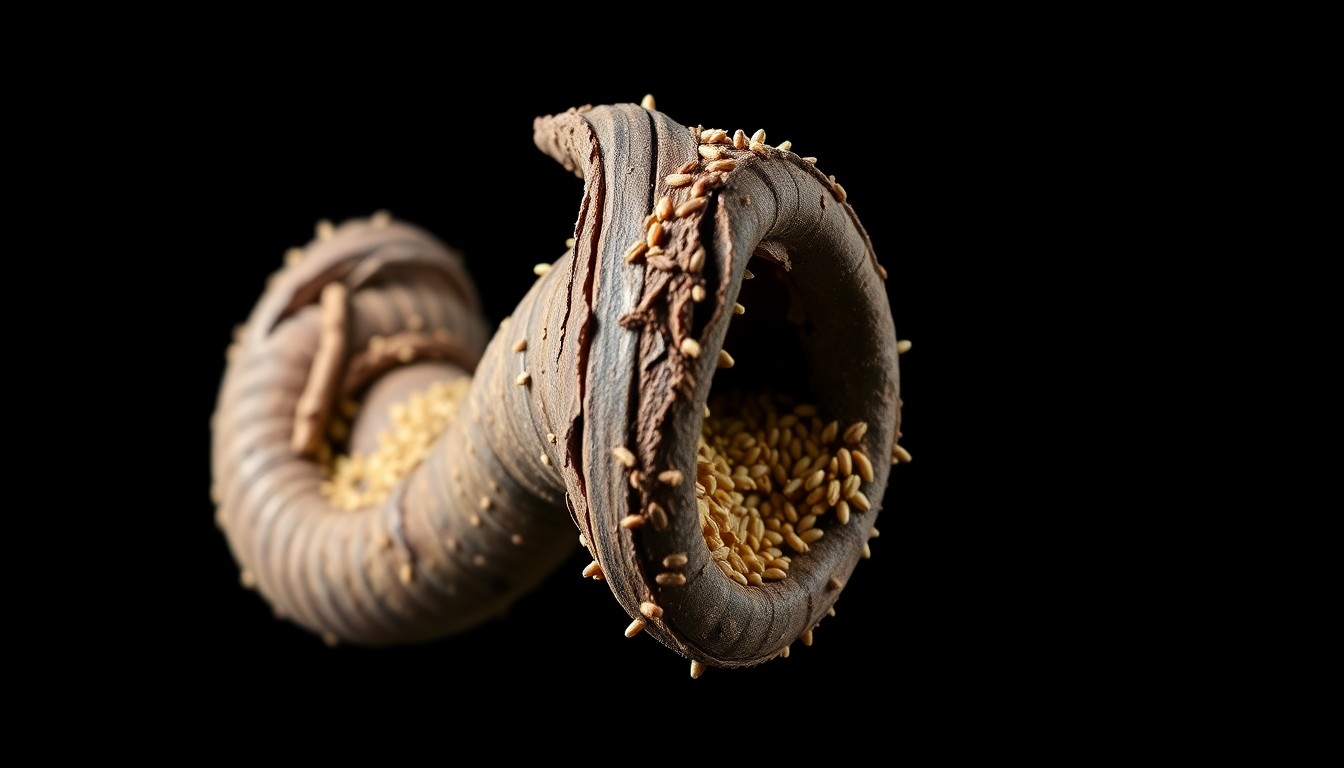 An extreme close-up photograph of a twisted, damaged grain auger, its metal surface reflecting the harsh light of the camera flash against a pitch-black background, conceptually illustrating the hazards of working in grain storage facilities.