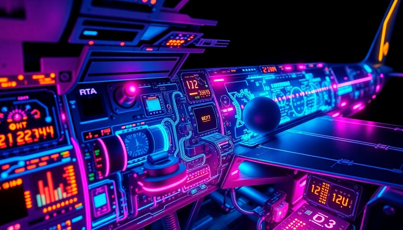 A highly detailed, glowing 3D macro illustration of the internal circuitry and flight control systems of an Airbus A320 aircraft, illuminated by neon cyan and magenta lights, conceptually representing the complex digital infrastructure that powers modern aviation and its susceptibility to external technological challenges.