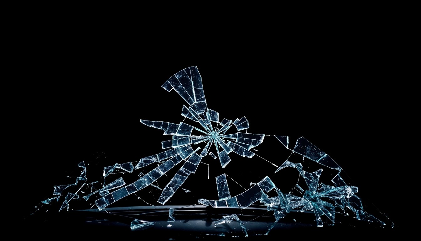 An extreme close-up photograph of a shattered car windshield against a pitch-black background, capturing the twisted, fractured glass in stark detail to conceptually represent the violence of a deadly collision.