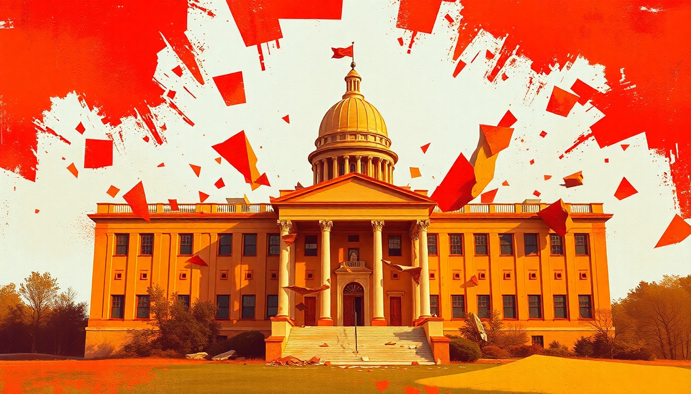 An abstract, fractured painting in shades of red, orange, and yellow, depicting a crumbling government building in a chaotic, geometric style that conveys the instability and tension of the current political climate.